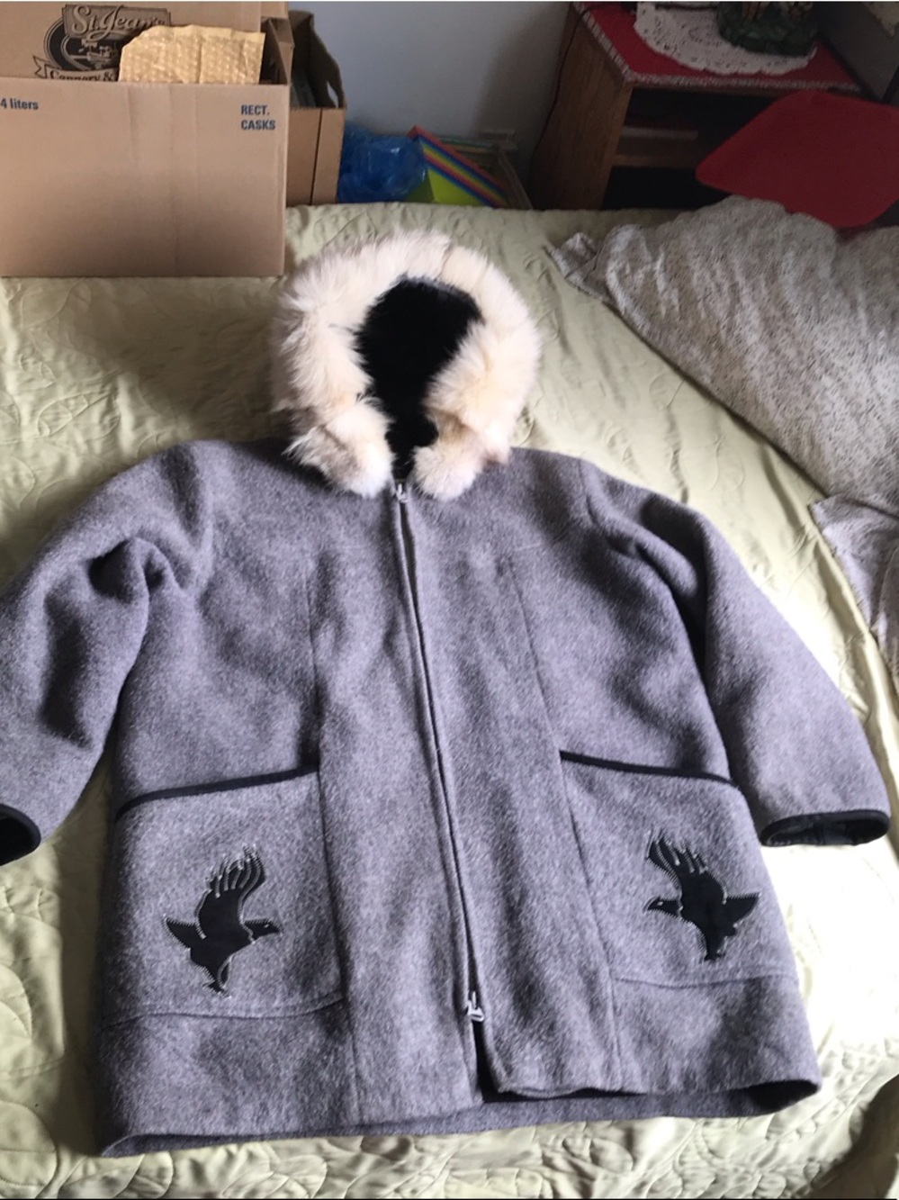 Vintage Gray Hooded Coat with Fur trimmed hood and leather Raven Appliqués
